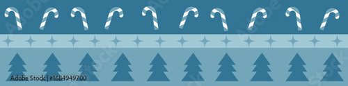Blue Christmas Border with Candy Canes, Stars, and Winter Tree Pattern