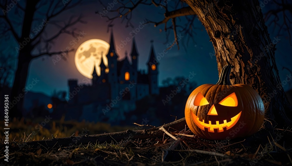 Fototapeta premium Glowing Jack-o'-lantern sits beneath a tree with a spooky castle silhouetted against a full moon in the background, creating a Halloween scene.