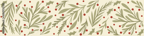 Elegant Christmas Banner with Green Foliage and Red Berries on Beige Background