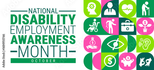 National Disability Employment Awareness Month Geometric shape pattern background, banner, card or poster design template is observed every year during October, to raise awareness about the mission.