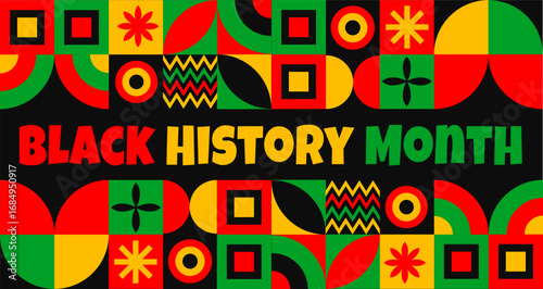 Black History Month geometric shape pattern background banner or poster design template. Pan-African colors,  a raised fist, and bold typography celebrate African American heritage.