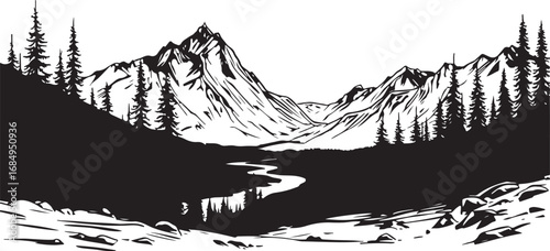 Black and White Mountain Landscape Vector Illustration with River and Pine Trees Fresh Air Scenery