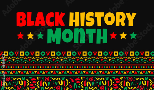 Black History Month geometric shape pattern background banner or poster design template. Pan-African colors,  a raised fist, and bold typography celebrate African American heritage.