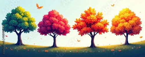 Four stylized trees, vibrant foliage, vector background, plant, spring, branches