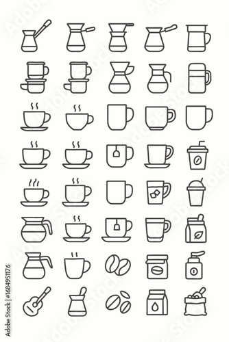 Vector line icon set illustrating the stages of coffee agriculture, from planting and growing to harvesting and processing