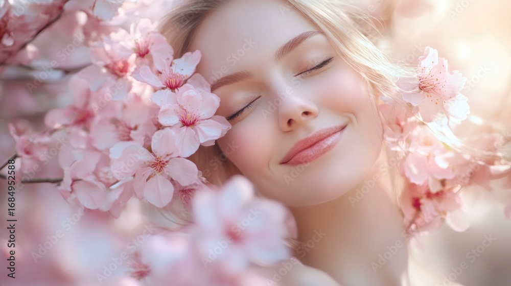 Fototapeta premium Blushing woman amidst cherry blossoms. Soft focus