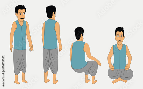 Indian village man character full set , sitting , standing