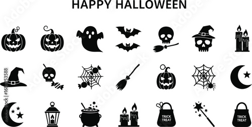 Happy Halloween silhouette vector set collection of halloween elements for design, decoration, and cards