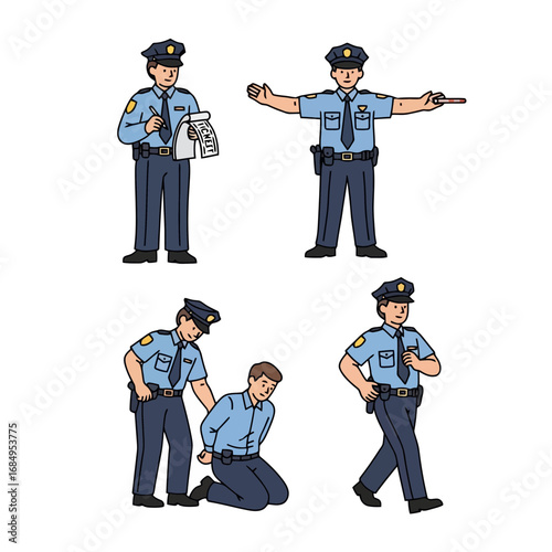 Policeman illustrations depicting various actions such as writing a ticket, directing traffic, making an arrest, and patrolling the area for safety or law enforcement.