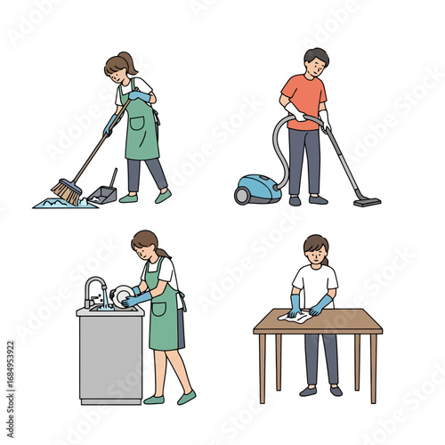 Illustration of common household chores performed by different people, ideal for depicting domestic life, cleaning services, or educational materials