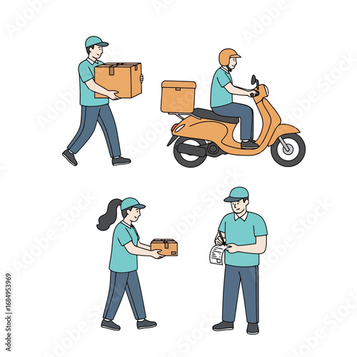 Diverse set of delivery personnel in various poses, showcasing last-mile logistics and courier services for e-commerce, food delivery, and small business marketing