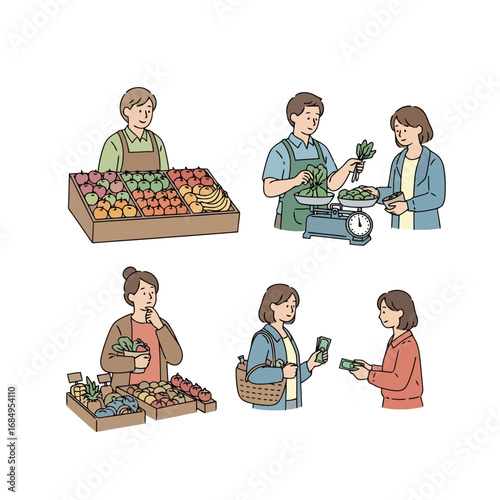 Farmers market scene showcasing vendors and customers buying fresh produce. Suitable for illustrating local commerce, healthy eating, and community engagement initiatives.