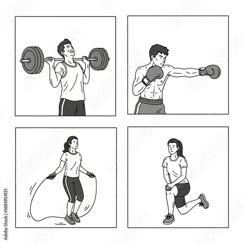 Black and white illustrations demonstrating various workout exercises, ideal for fitness guides, health blogs, or instructional materials focusing on exercise routines.
