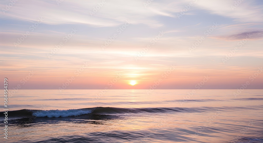 Obraz premium Peaceful ocean sunset with golden light on calm water, pastel pink and purple clouds over tranquil sea horizon, serene coastal view for nature, travel and landscape.