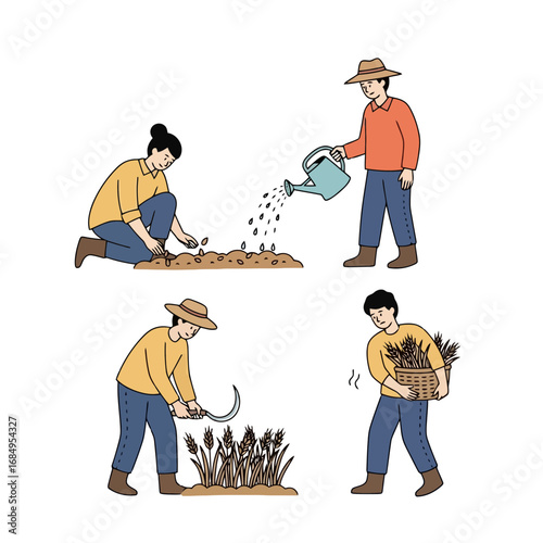 Vector illustration depicting various stages of crop cultivation, showcasing planting, watering, harvesting, and carrying crops, suitable for agricultural education materials