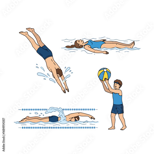 Diverse swimming activities depicted in a colorful illustration, suitable for educational content, health and fitness guides, or recreational infographics.