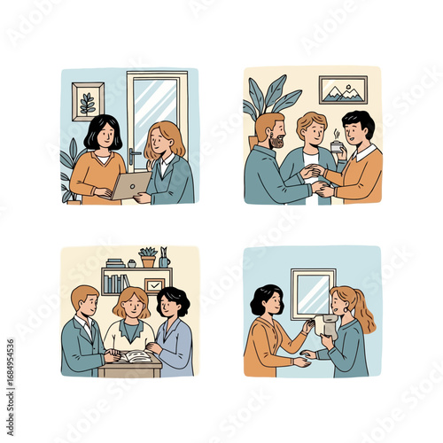 Four scenes depicting diverse professional interactions, collaboration, and communication, suitable for illustrating business scenarios and teamwork dynamics in corporate materials