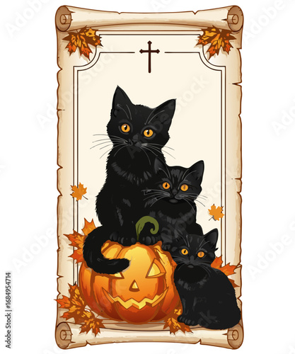 Three adorable black kittens with bright orange eyes sitting on a carved jack o lantern pumpkin surrounded by autumn leaves on a parchment scroll isolated on transparent background