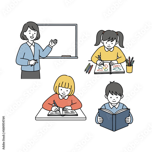 Cartoon illustration depicting a teacher instructing students engaged in various learning activities, suitable for educational materials and resources.