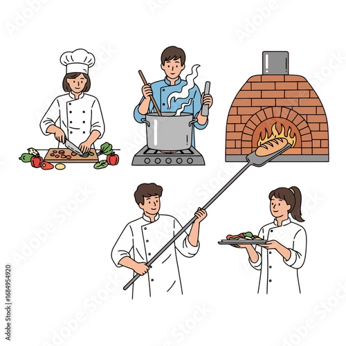 Diverse culinary team preparing a gourmet meal in a professional kitchen, showcasing various cooking techniques, for use in recipe books, cooking blogs, or culinary education materials.