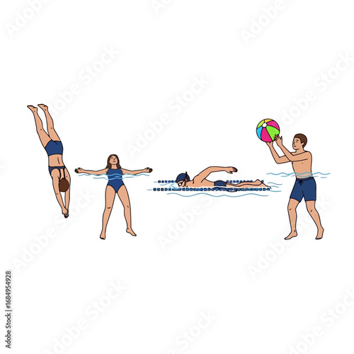 Diverse group of people enjoying water activities in a swimming pool for illustrations, educational materials or recreational themes