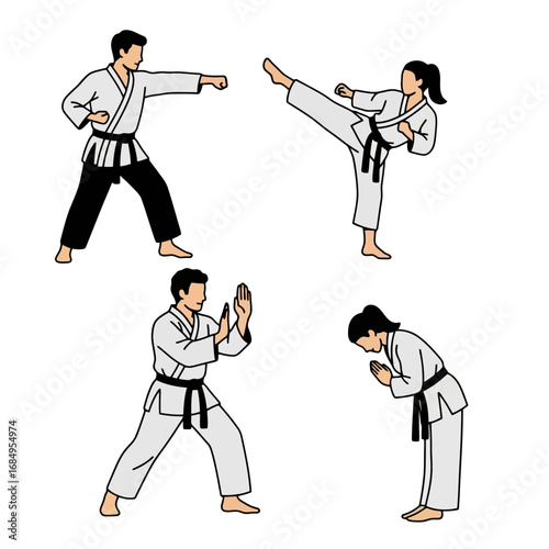 Karate practitioners demonstrating various stances and techniques for martial arts training and educational materials on self-defense, fitness, and discipline.