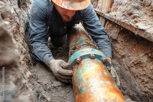 Water pipe repair work in progress during maintenance by utility workers