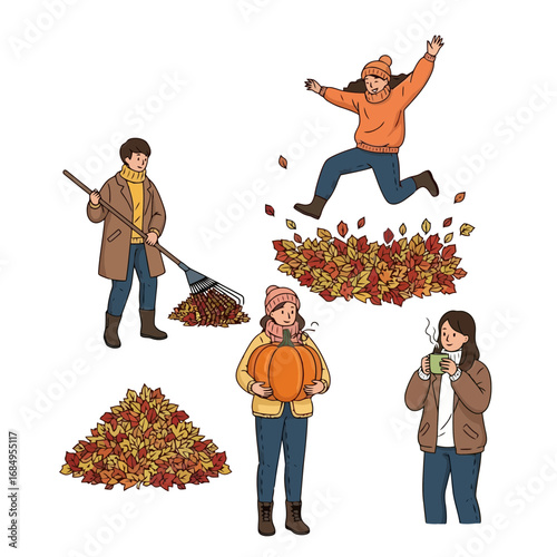 Autumnal activities illustration showcasing people enjoying fall season, raking leaves, holding pumpkin, drinking warm beverage and jumping in foliage, for seasonal marketing