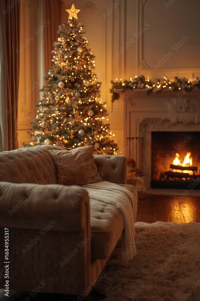 Fototapeta premium Cozy Christmas Living Room with Fireplace and Decorated Tree