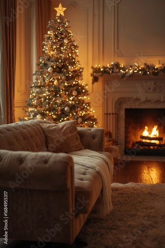 Cozy Christmas Living Room with Fireplace and Decorated Tree