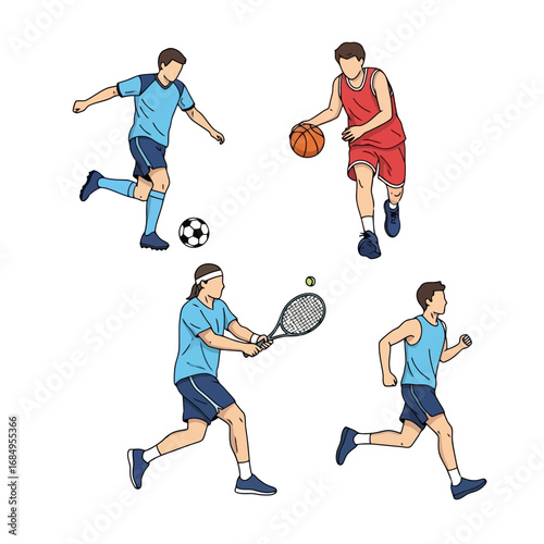 Diverse collection of athletes engaging in various sports activities, ideal for illustrating sportsmanship, healthy lifestyle, and athletic competition in educational materials