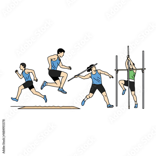 Illustration depicting various athletic events, including long jump, javelin throw, and pole vault, suitable for sports education and athletic training materials