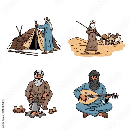 Depictions of traditional nomadic desert life and cultural practices ideal for educational materials, historical illustrations, and cultural heritage projects