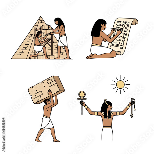Ancient Egyptian civilization scenes depicting pyramid construction, writing hieroglyphs, stone lifting, and sun worship for educational resources