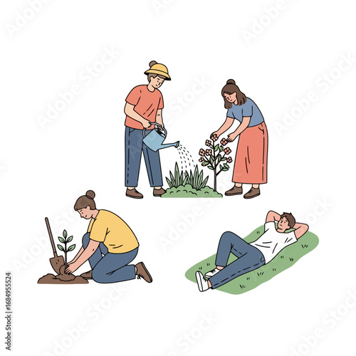 Diverse outdoor activities illustrated in a minimalist style, showcasing gardening, planting, and relaxation for environmental campaigns and lifestyle visuals