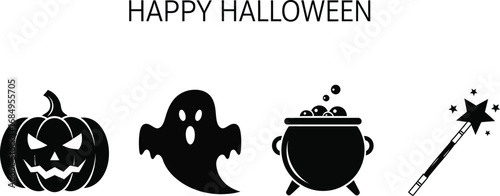 Halloween-themed graphic elements featuring pumpkin, ghost, cauldron and magic wand for celebration