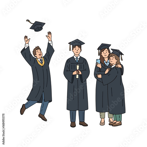 Illustration showcasing graduating students in academic regalia, celebrating their educational achievements, suitable for graduation announcements and educational marketing materials