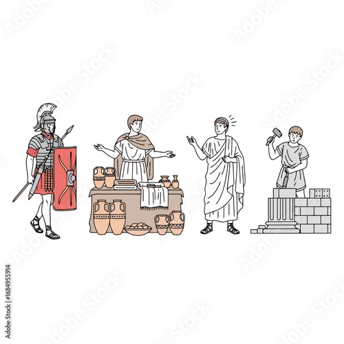 Ancient Rome illustrations showcasing a Roman soldier, merchant, orator, and stonemason, suitable for educational materials, historical documentaries, or cultural exhibits.