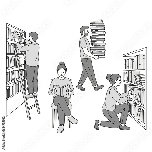 Monochromatic line art illustration showcasing people reading, carrying, and shelving books in a library setting, suitable for educational or literary themed projects.