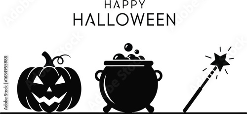 Happy halloween with pumpkin, cauldron and magic wand for holiday celebration in october and autumn season