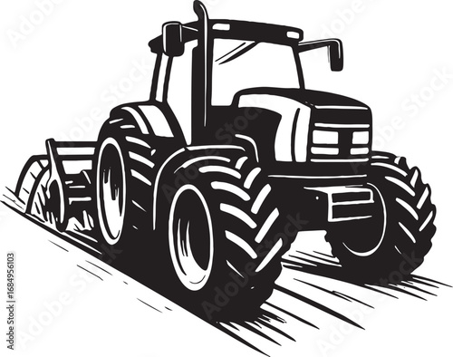 Bold Tractor Illustration in Black and White for Agricultural Concepts and Farming Industry Representation
