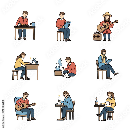 Isolated illustration of diverse individuals engaged in creative hobbies and activities, ideal for illustrating leisure pursuits, personal projects, and lifestyle concepts