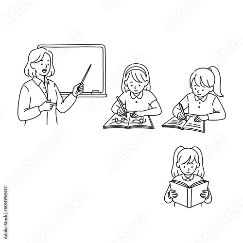 Educational illustration featuring a teacher instructing students in a classroom setting, ideal for showcasing educational resources and materials for children's learning.