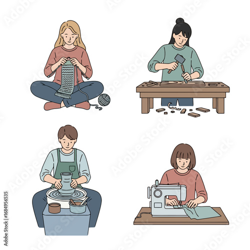 Illustration of artisans engaged in diverse handcrafted skills including knitting, woodworking, pottery, and sewing, ideal for crafting tutorials and lifestyle blogs