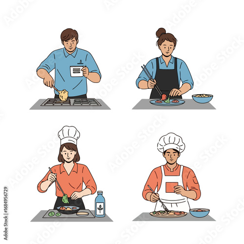 Diverse culinary professionals preparing dishes in various cooking environments, ideal for showcasing culinary arts, cooking courses, or food preparation techniques