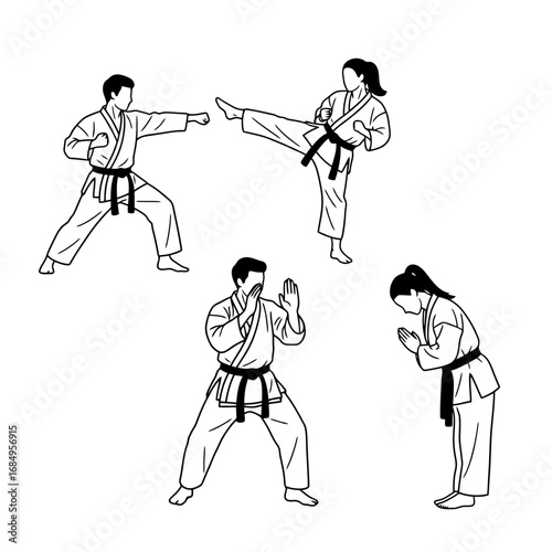 Minimalist line art depicting diverse karate poses for instructional purposes, martial arts training guides, and promoting physical fitness and self-defense techniques.