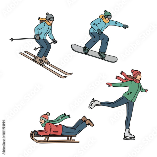 Diverse winter sports illustrations showcasing skiing, snowboarding, ice skating, and sledding for recreational and promotional purposes.