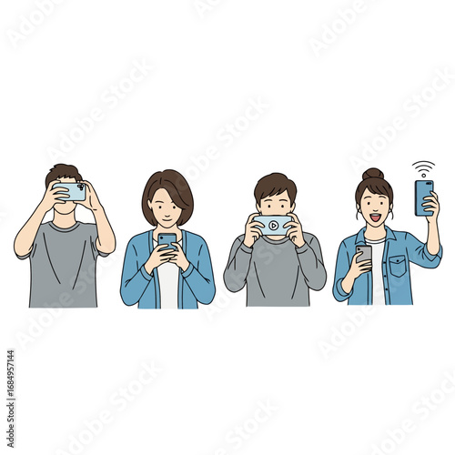 Diverse group of people using mobile phones for various activities, such as taking photos, texting, and browsing social media, great for technology and lifestyle concepts