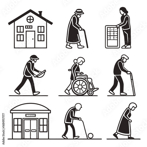Senior care and assisted living icons concept for elderly support, nursing home, and retirement community services