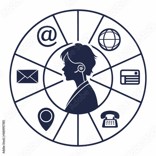 Customer service representative inside a circle with contact icons concept for communication, support, and assistance